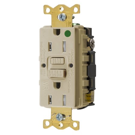 BRYANT GFCI Receptacle, Self Test, Tmpr and Wthr Resistant, 15A 125V, 2-Pole 3- Wire Grndng, 5-15R, Ivory GFST82ITR